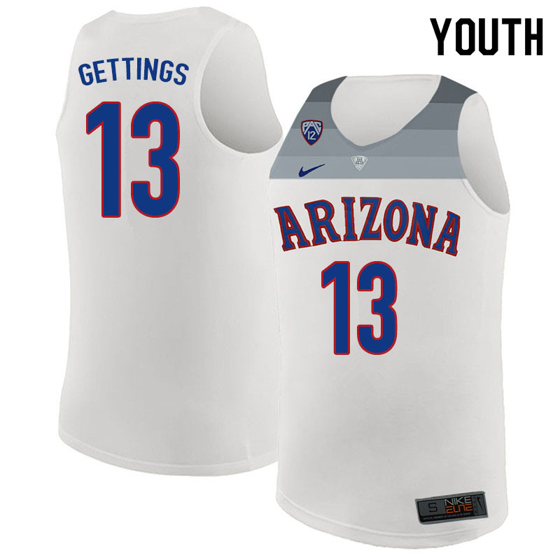 Youth #13 Stone Gettings Arizona Wildcats College Basketball Jerseys Sale-White